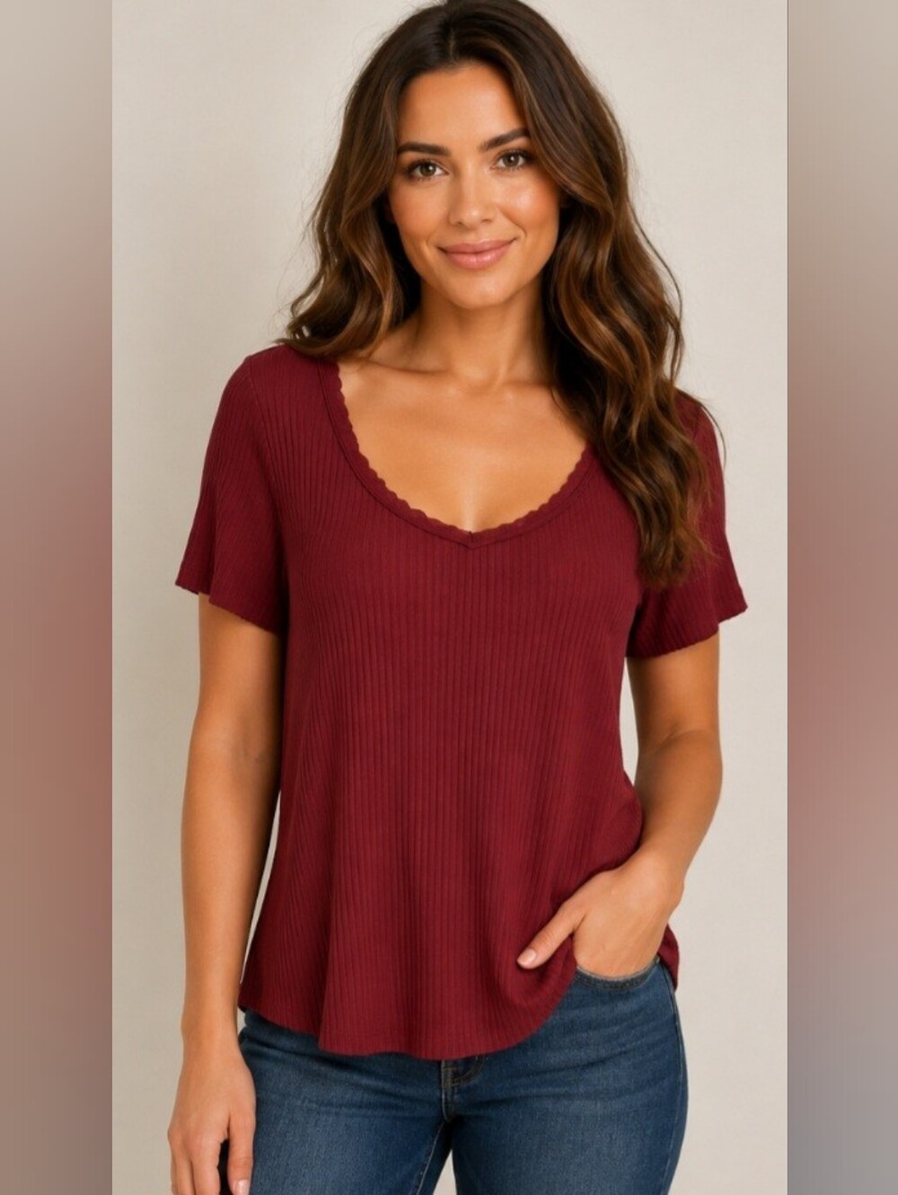 Old Navy V Neck Ribbed Shirt Rust Sz 2X V Neck Short Sleeve Cotton Pull Over